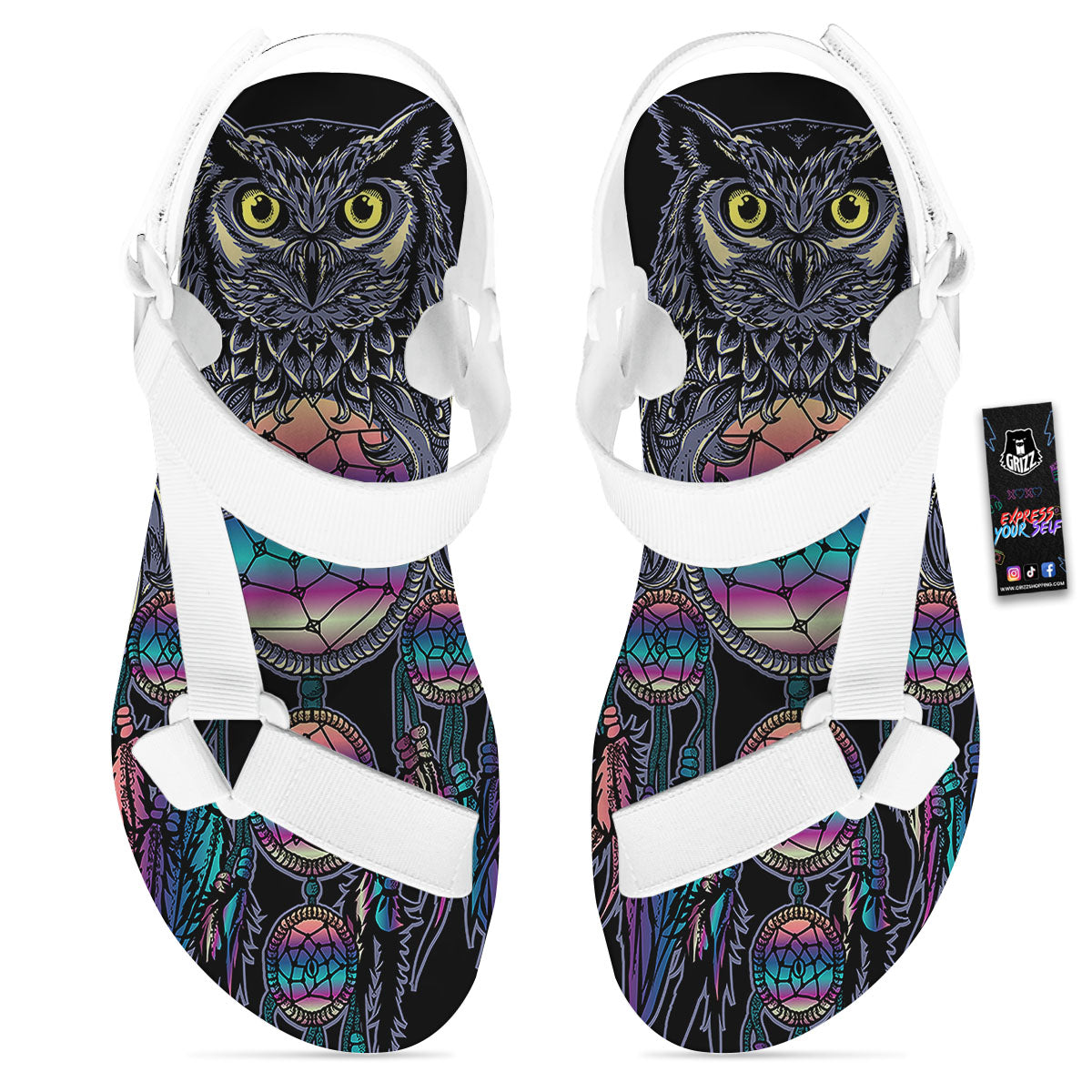 Owl With Dreamcatcher Print White Open Toe Sandals-grizzshop