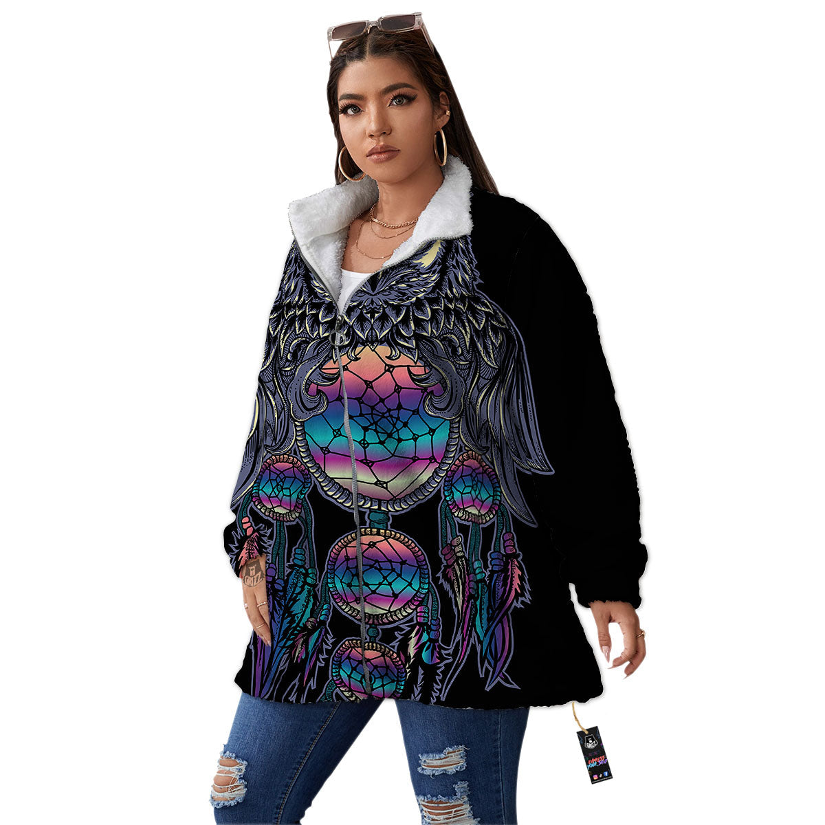 Owl With Dreamcatcher Print Women's Sherpa Jacket-grizzshop