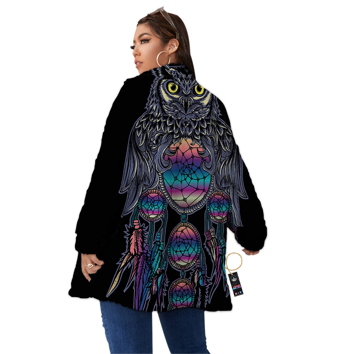 Owl With Dreamcatcher Print Women's Sherpa Jacket-grizzshop