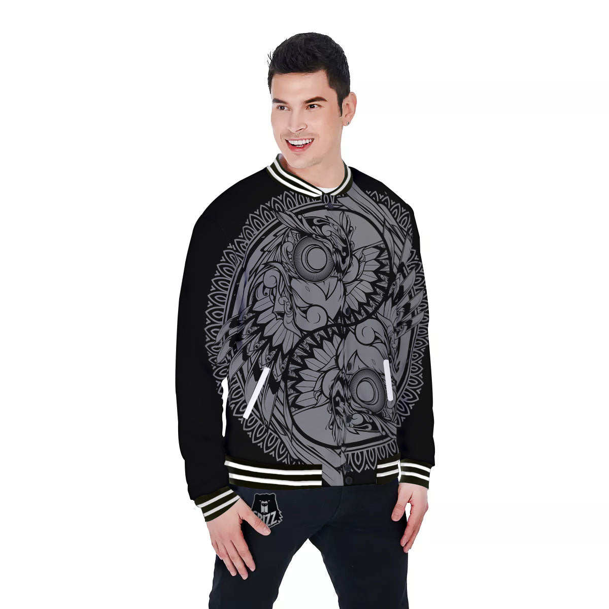 Owl Yin Yang Print Baseball Jacket-grizzshop
