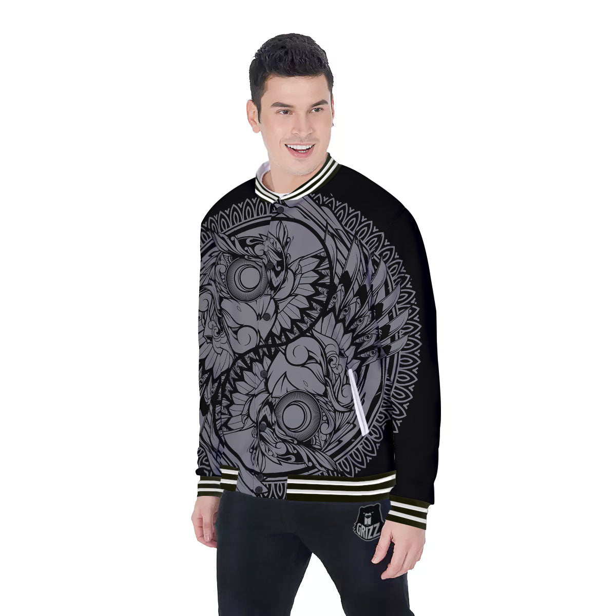Owl Yin Yang Print Baseball Jacket-grizzshop