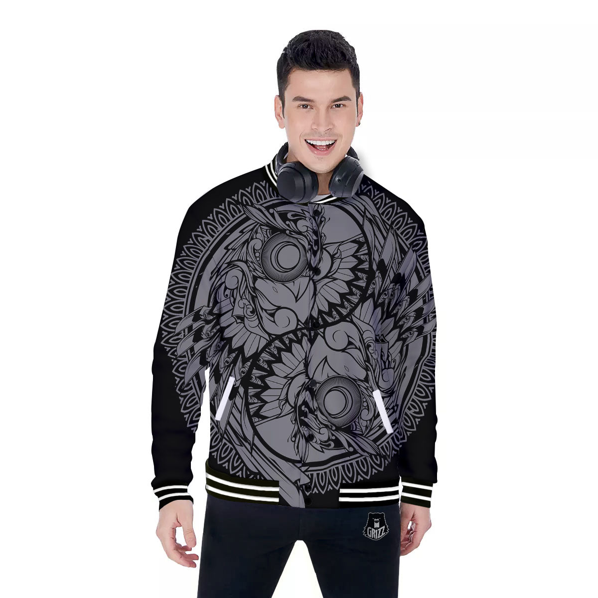 Owl Yin Yang Print Baseball Jacket-grizzshop