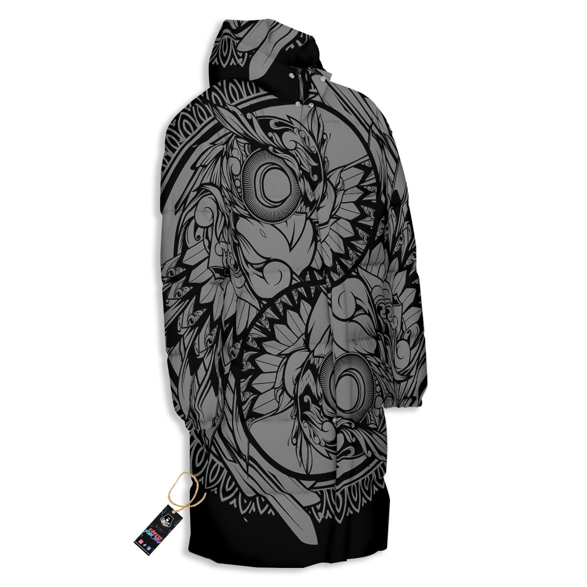 Owl Yin Yang Print Long Down Jacket-grizzshop