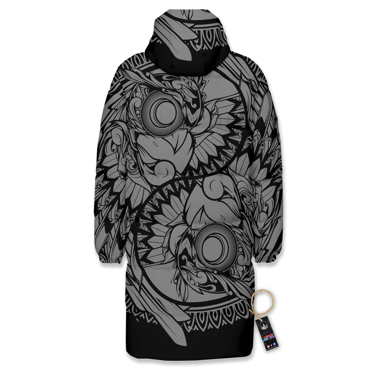 Owl Yin Yang Print Long Down Jacket-grizzshop
