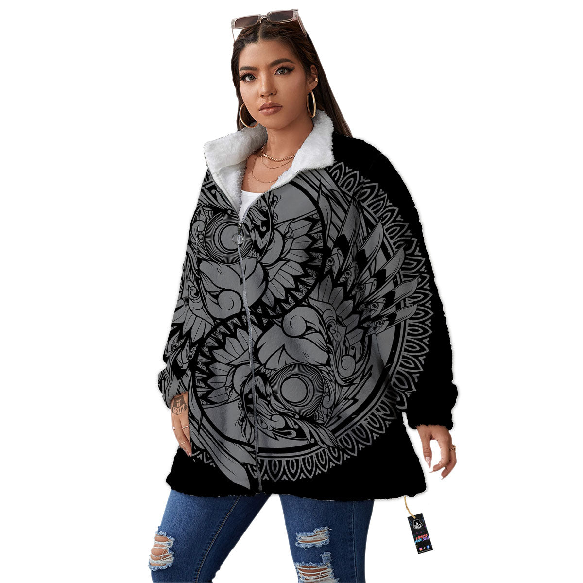 Owl Yin Yang Print Women's Sherpa Jacket-grizzshop