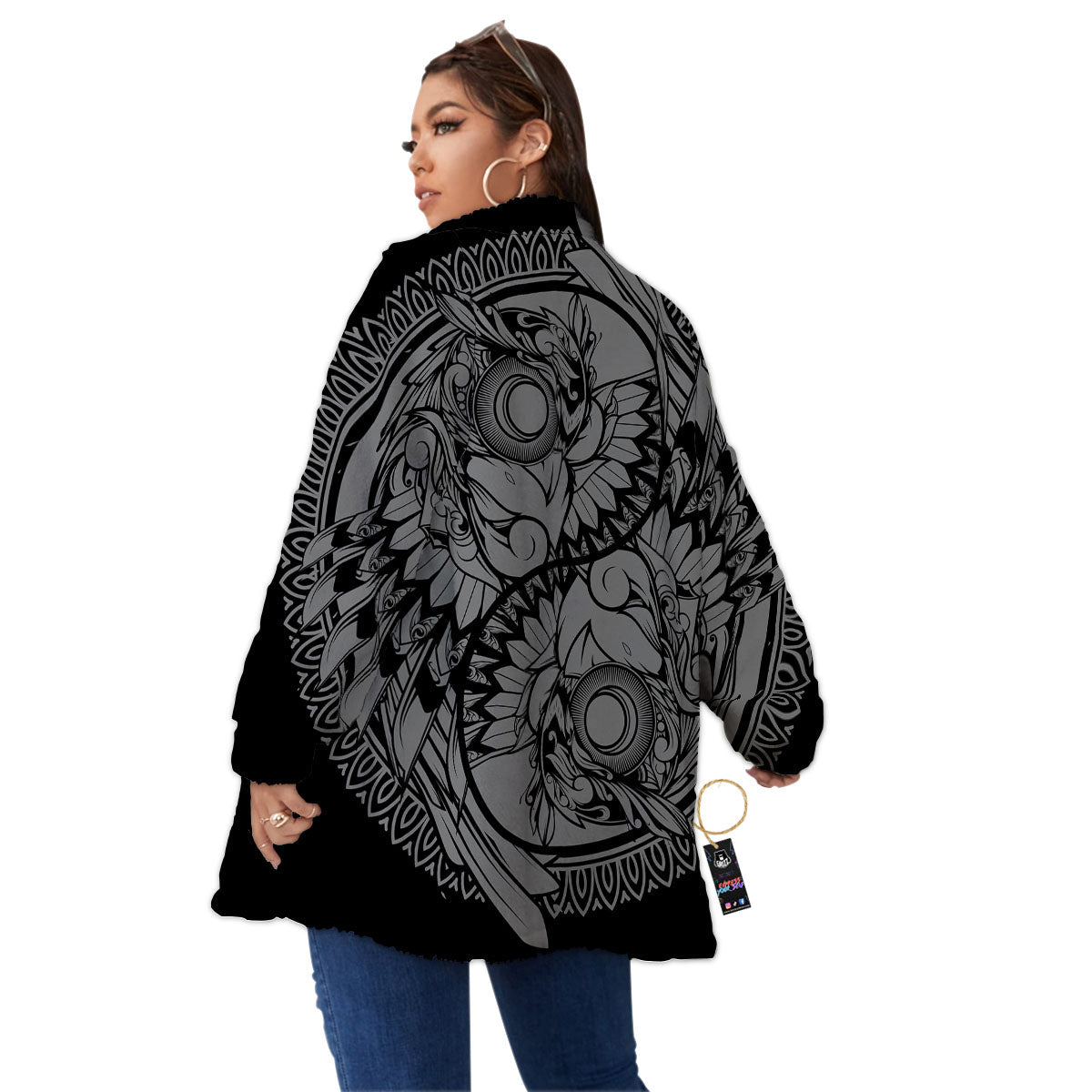 Owl Yin Yang Print Women's Sherpa Jacket-grizzshop