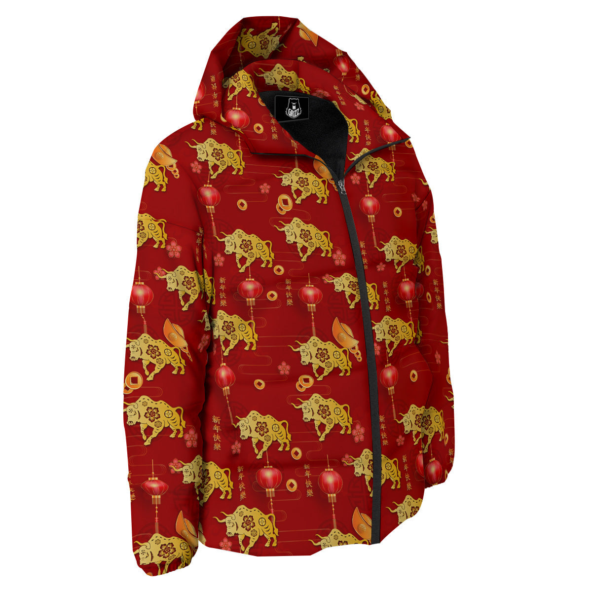 Ox And Chinese New Year Print Pattern Down Jacket-grizzshop