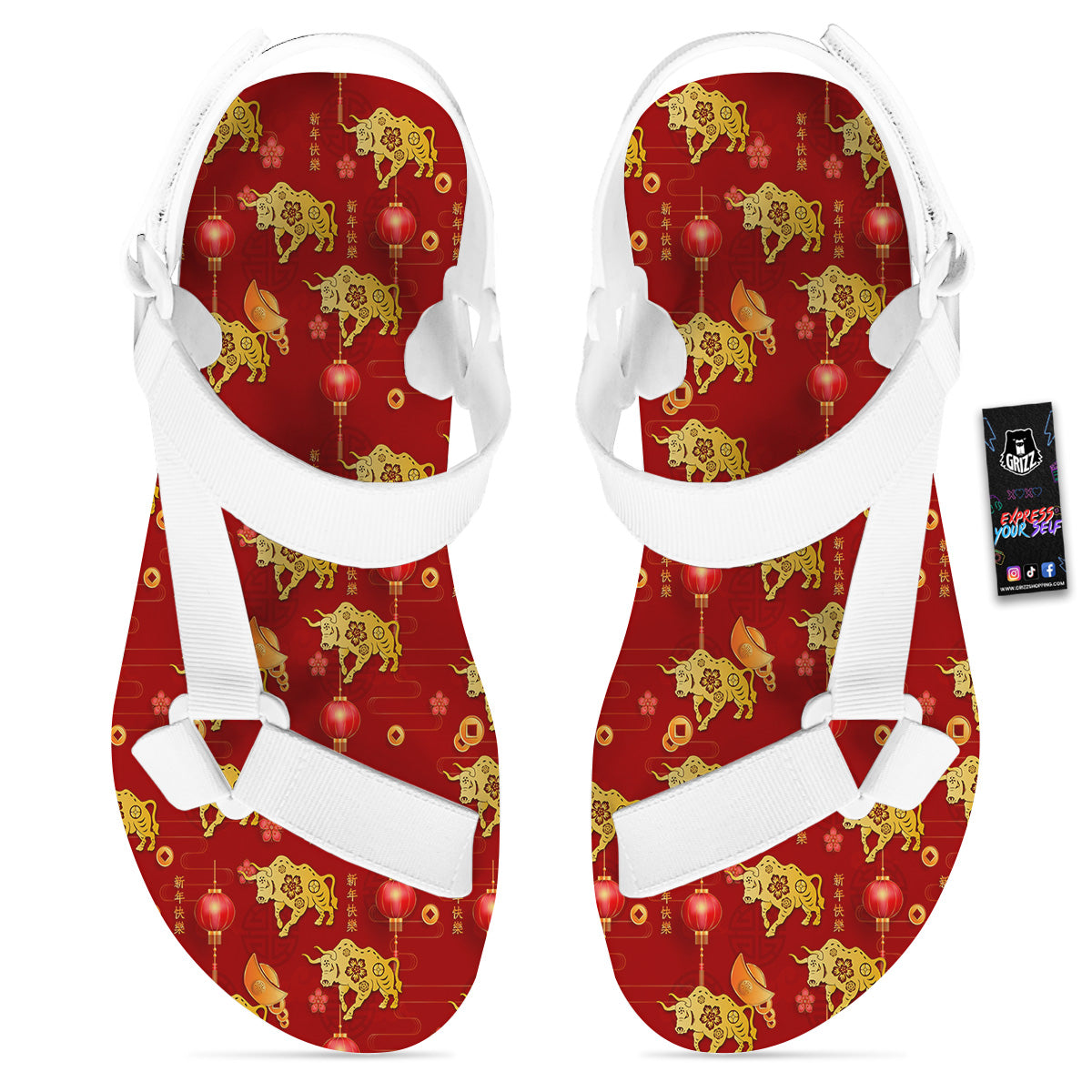 Ox And Chinese New Year Print Pattern White Open Toe Sandals-grizzshop