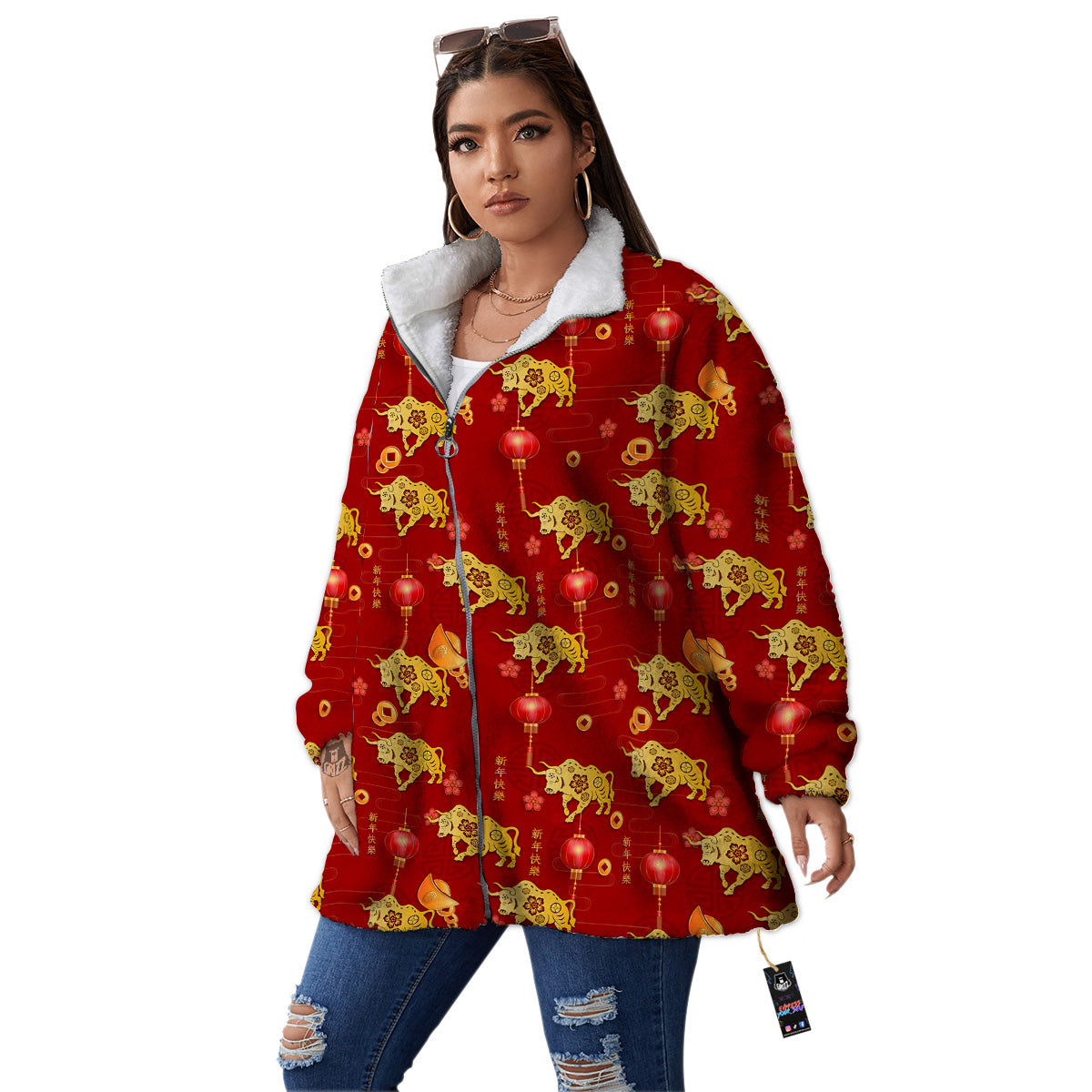 Ox And Chinese New Year Print Pattern Women's Sherpa Jacket-grizzshop