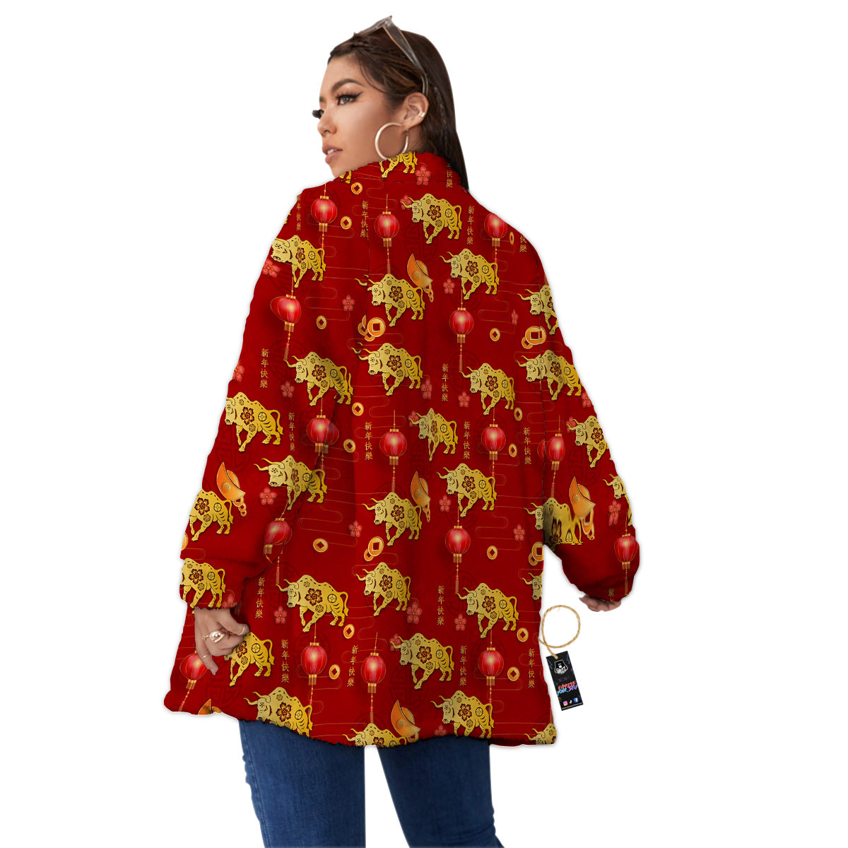 Ox And Chinese New Year Print Pattern Women's Sherpa Jacket-grizzshop