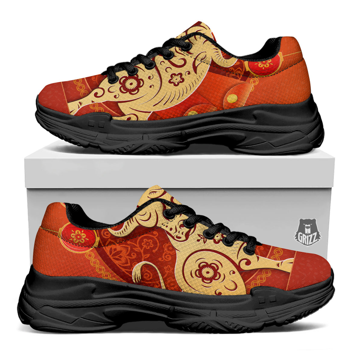 Ox Sign Chinese Horoscope Print Black Chunky Shoes-grizzshop