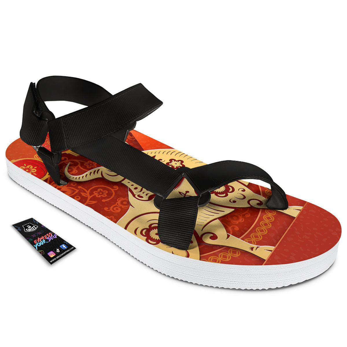 Ox Sign Chinese Horoscope Print Black Open Toe Sandals-grizzshop