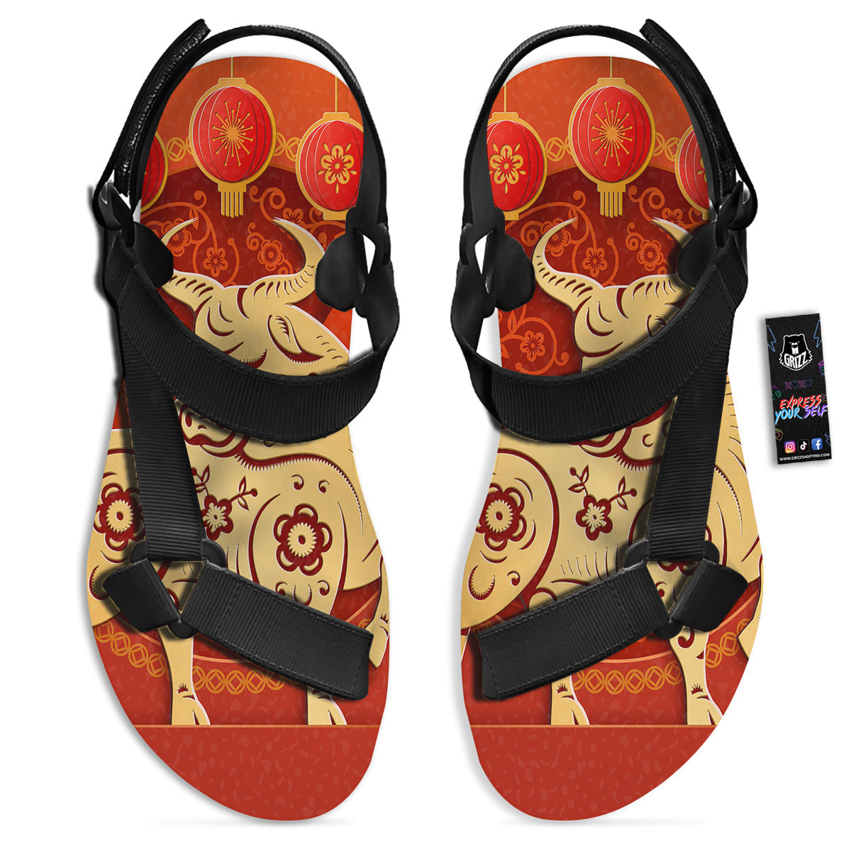 Ox Sign Chinese Horoscope Print Black Open Toe Sandals-grizzshop