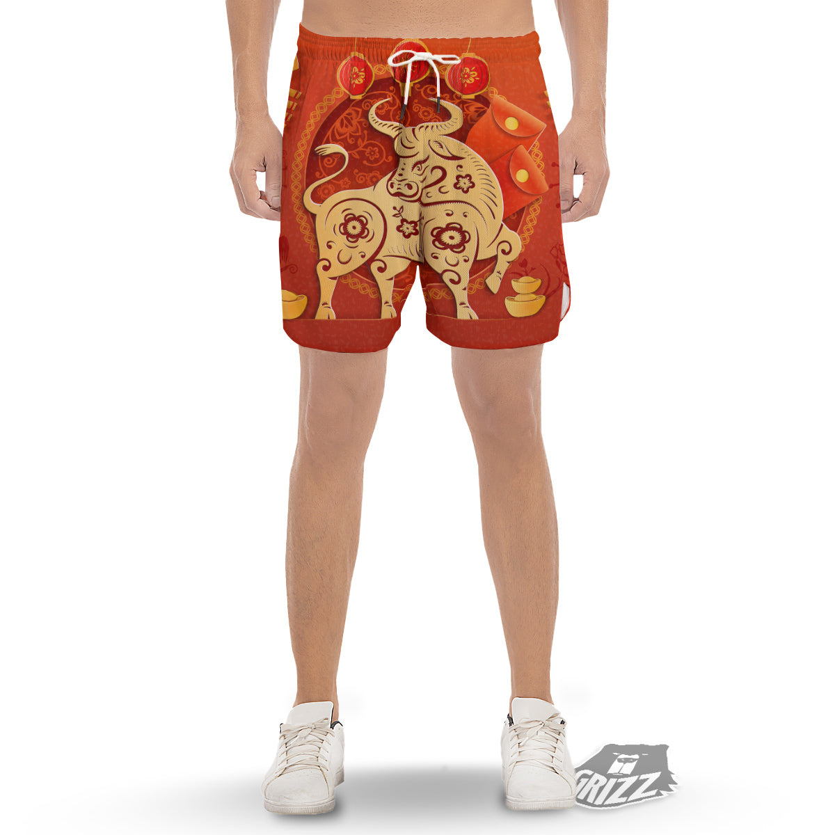 Ox Sign Chinese Horoscope Print Men's Gym Shorts-grizzshop