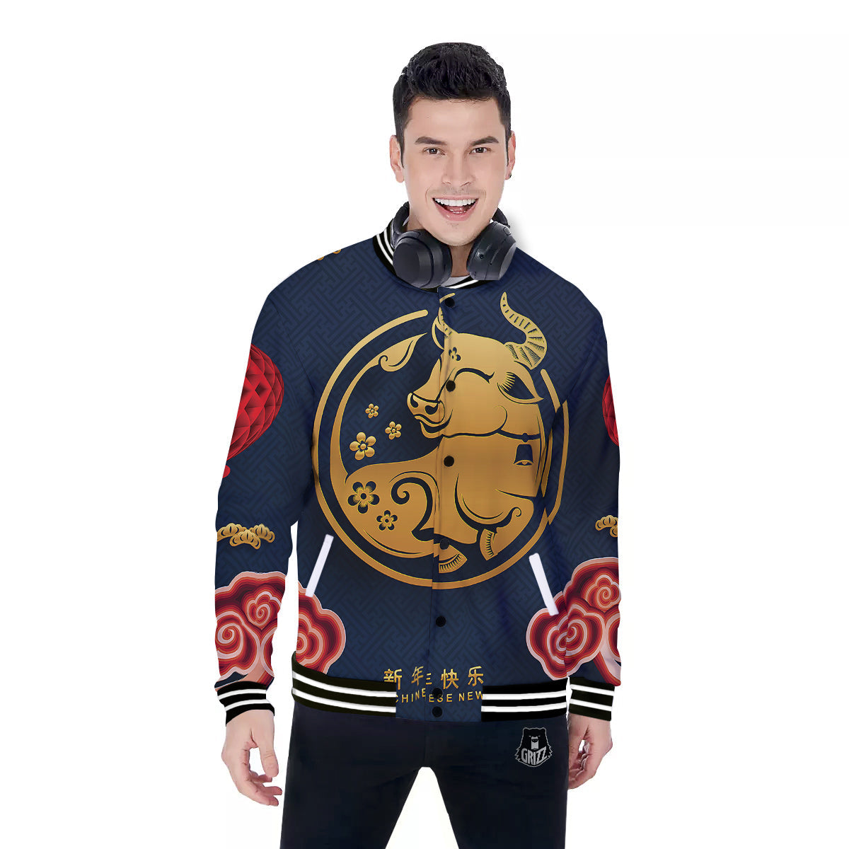 Ox Zodiac Chinese Cute Print Baseball Jacket-grizzshop