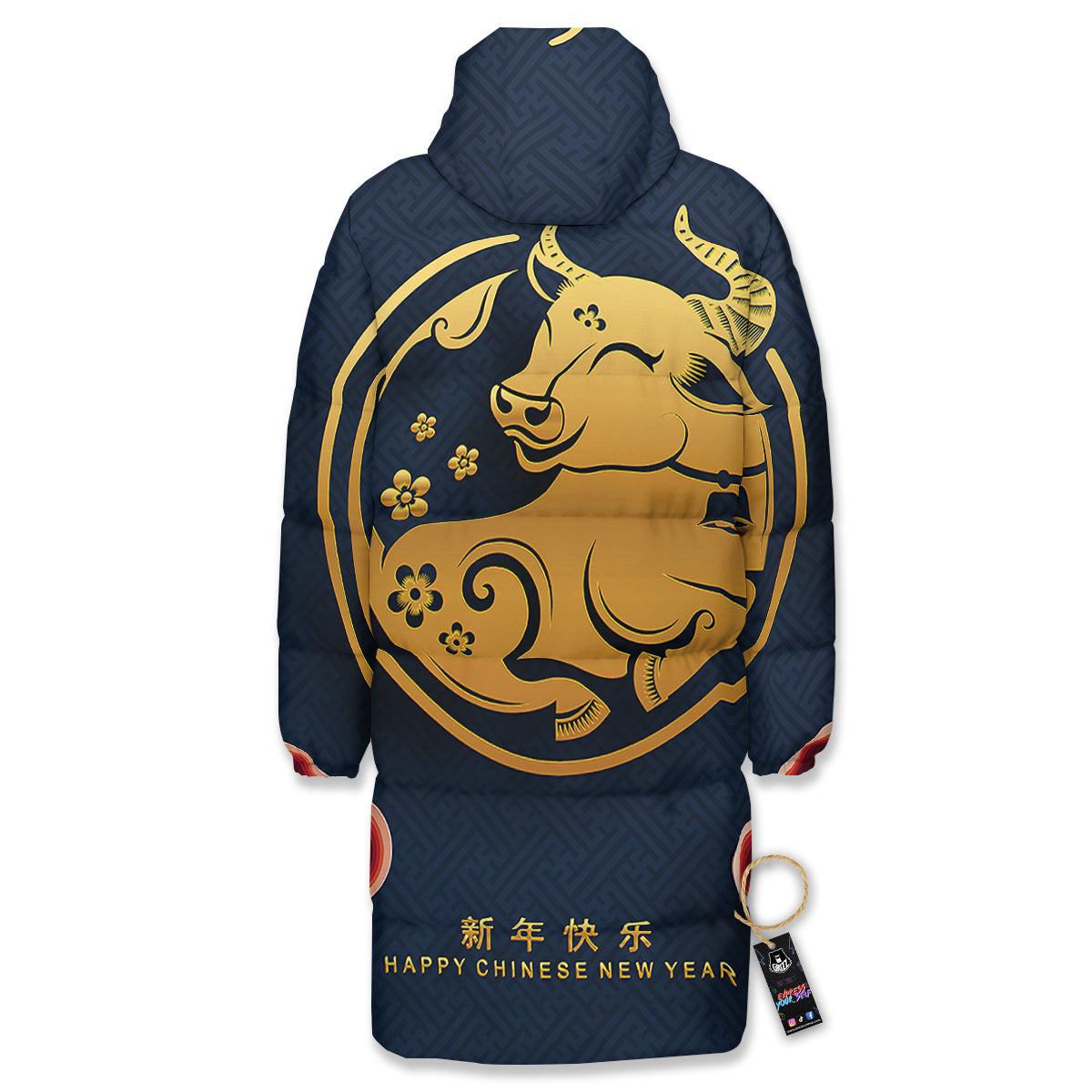 Ox Zodiac Chinese Cute Print Long Down Jacket-grizzshop