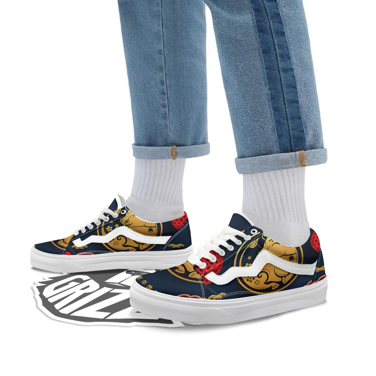 Ox Zodiac Chinese Cute Print Skate Shoes-grizzshop