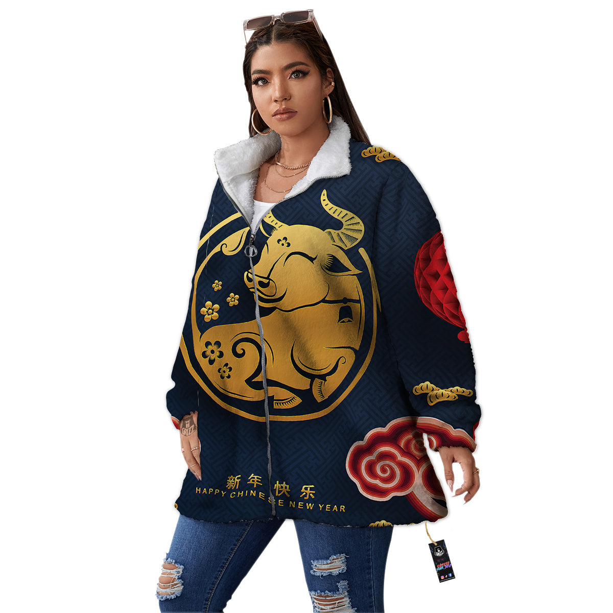 Ox Zodiac Chinese Cute Print Women's Sherpa Jacket-grizzshop