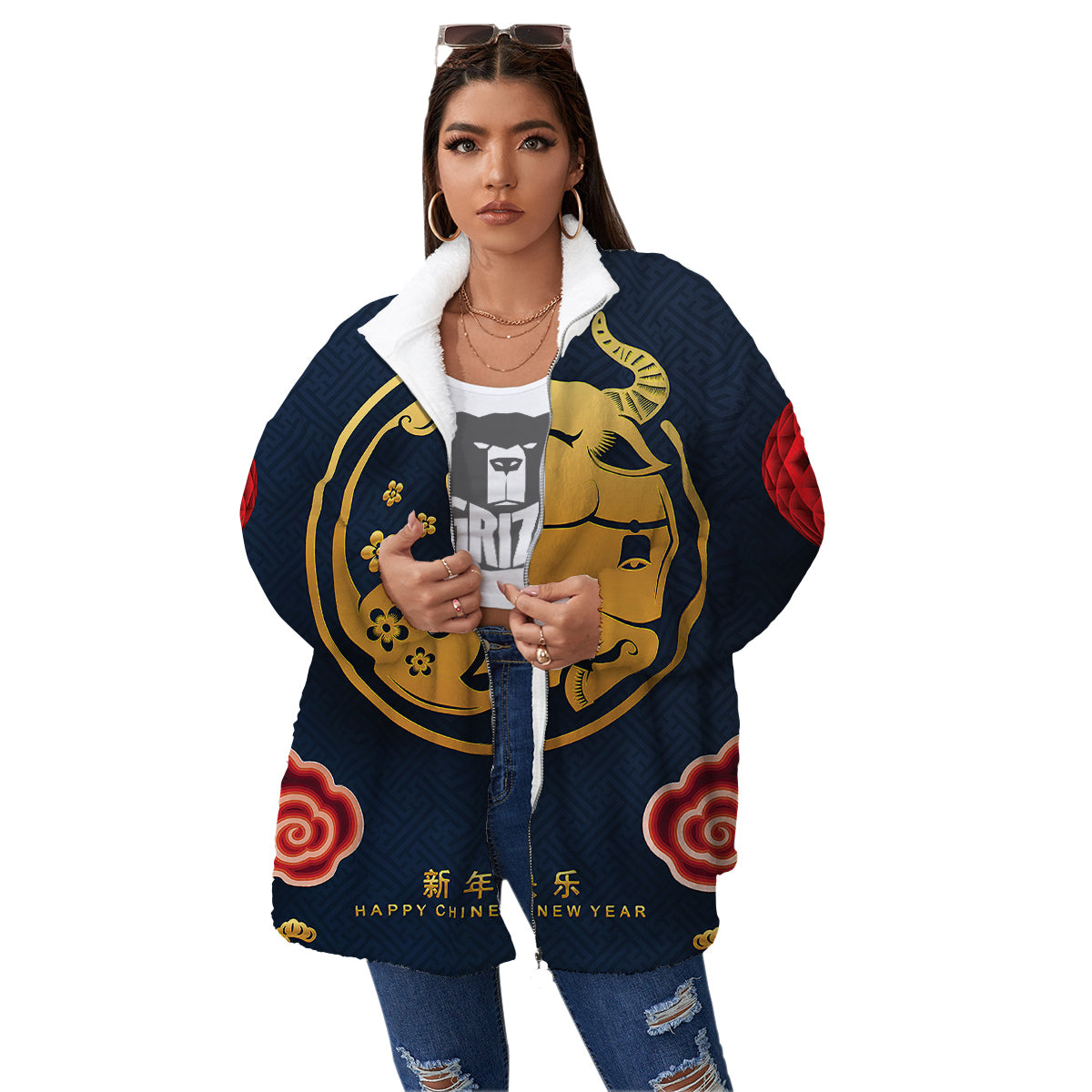 Ox Zodiac Chinese Cute Print Women's Sherpa Jacket-grizzshop