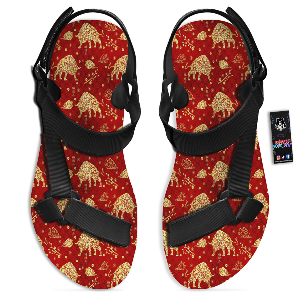 Ox Zodiac Chinese Flower Print Black Open Toe Sandals-grizzshop