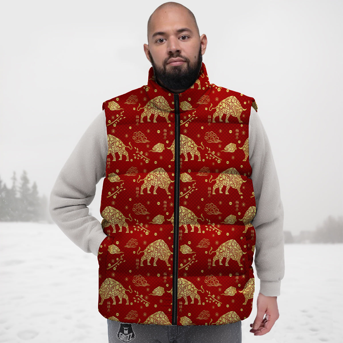 Ox Zodiac Chinese Flower Print Down Vest-grizzshop