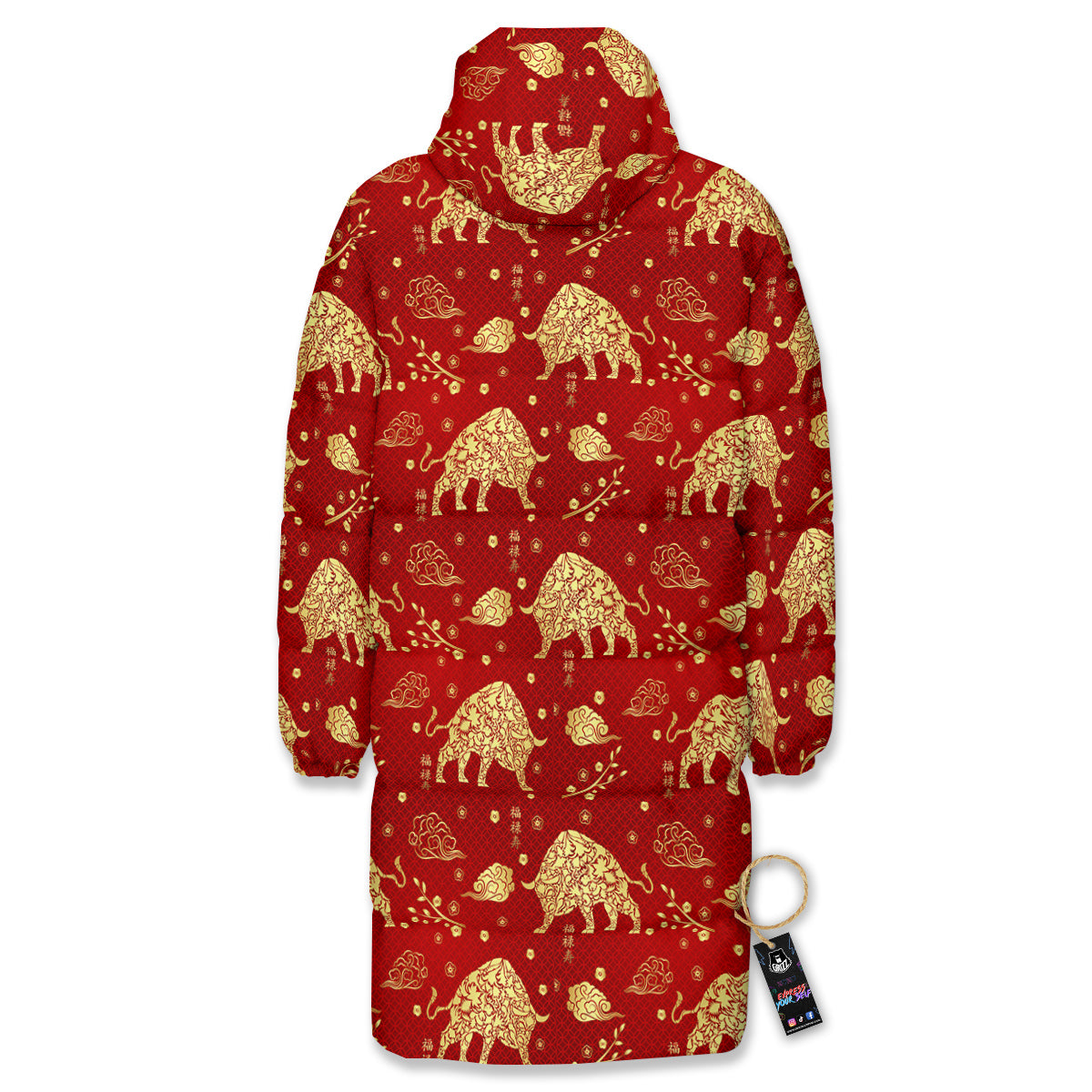 Ox Zodiac Chinese Flower Print Long Down Jacket-grizzshop