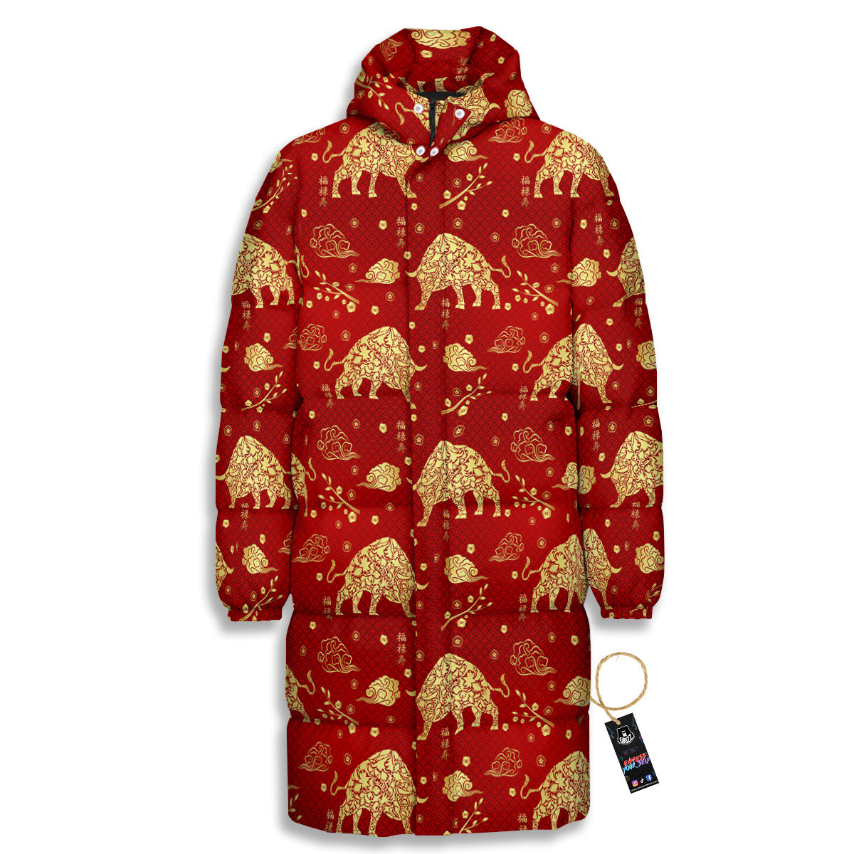 Ox Zodiac Chinese Flower Print Long Down Jacket-grizzshop