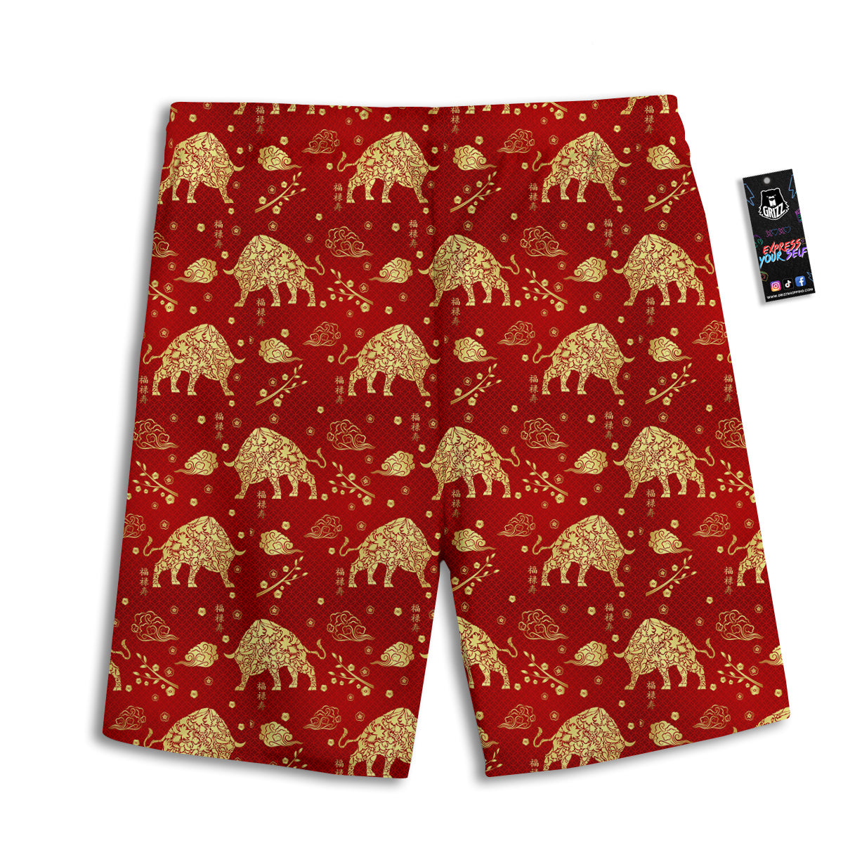 Ox Zodiac Chinese Flower Print Men's Athletic Shorts-grizzshop