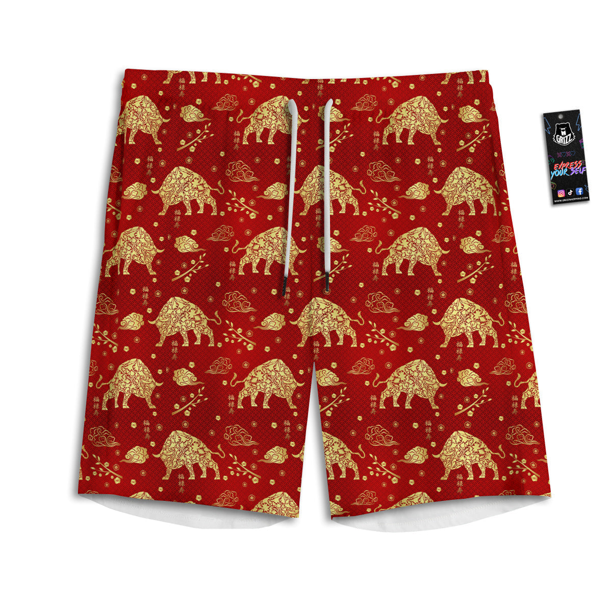 Ox Zodiac Chinese Flower Print Men's Athletic Shorts-grizzshop