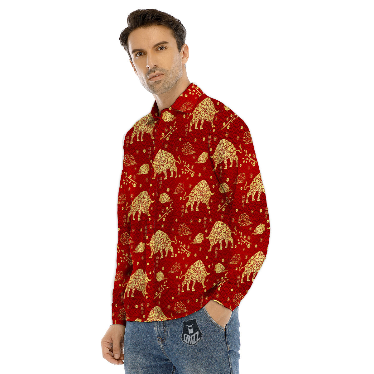 Ox Zodiac Chinese Flower Print Men's Dress Shirts-grizzshop