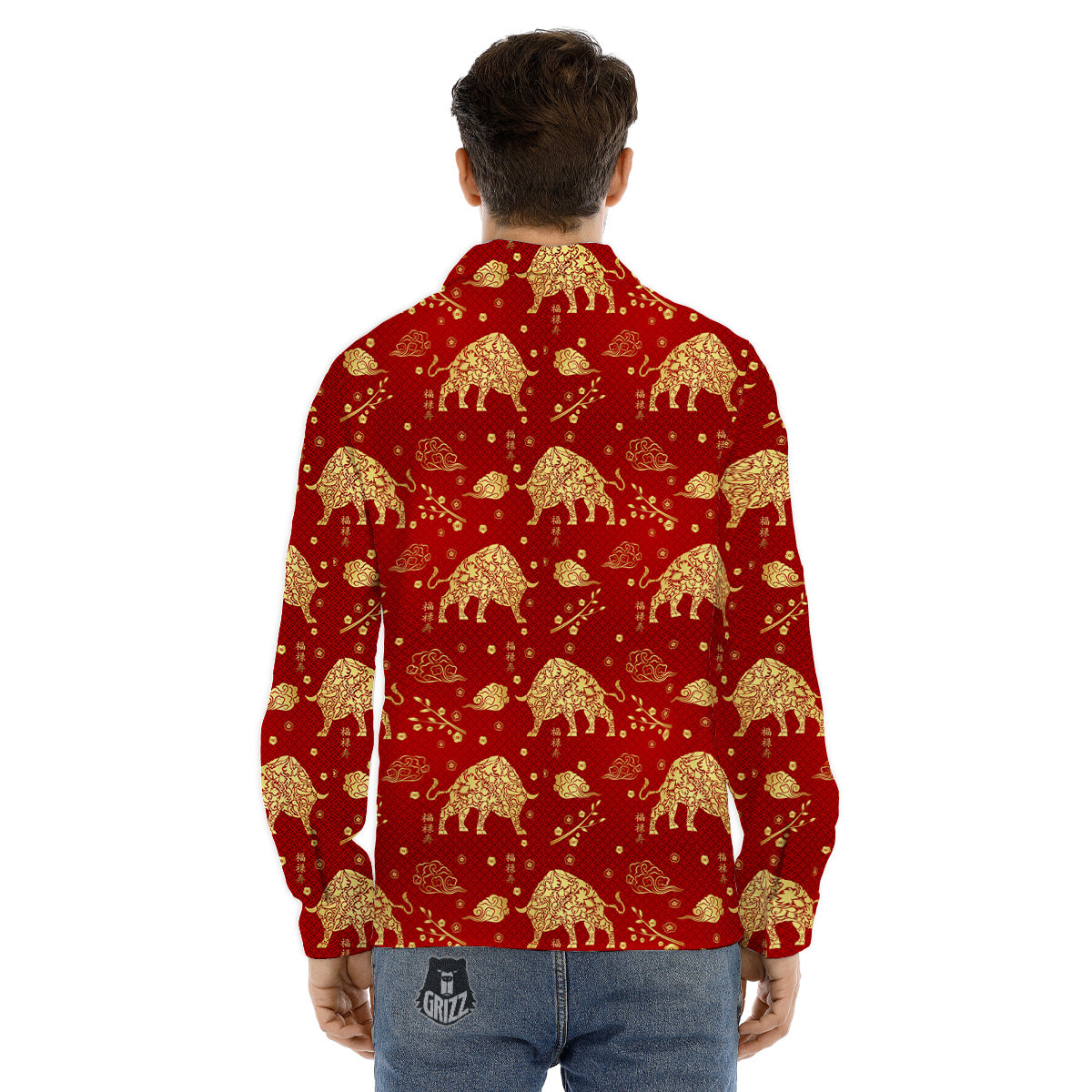 Ox Zodiac Chinese Flower Print Men's Dress Shirts-grizzshop