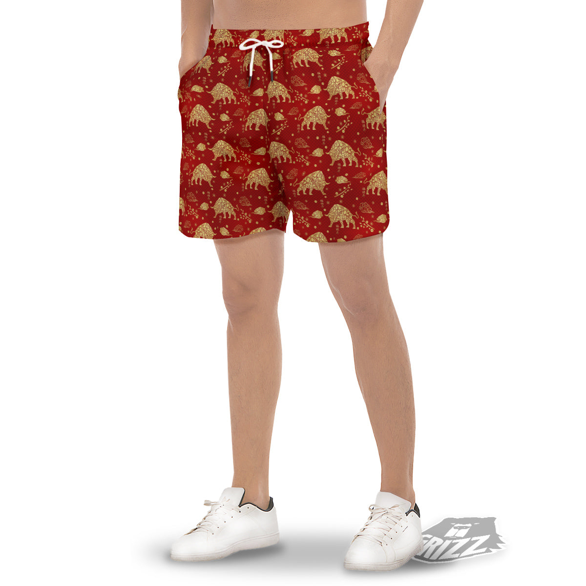 Ox Zodiac Chinese Flower Print Men's Gym Shorts-grizzshop