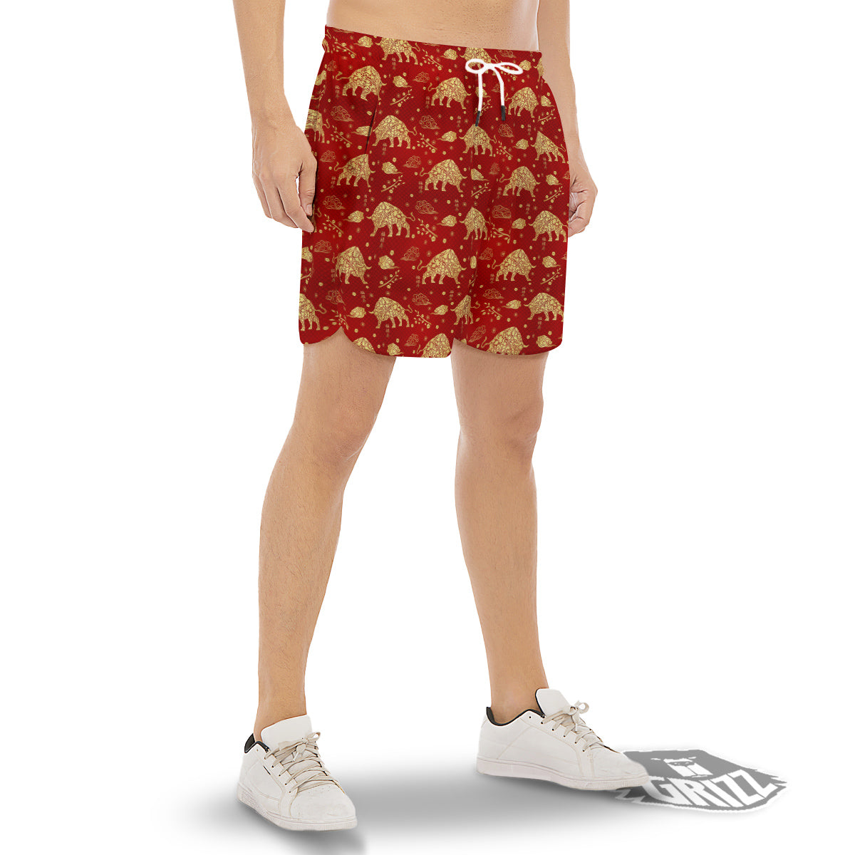 Ox Zodiac Chinese Flower Print Men's Gym Shorts-grizzshop