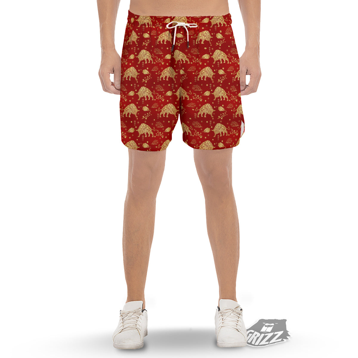 Ox Zodiac Chinese Flower Print Men's Gym Shorts-grizzshop