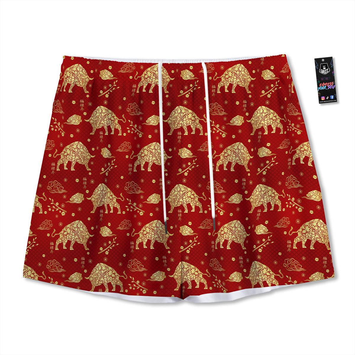 Ox Zodiac Chinese Flower Print Mesh Shorts-grizzshop