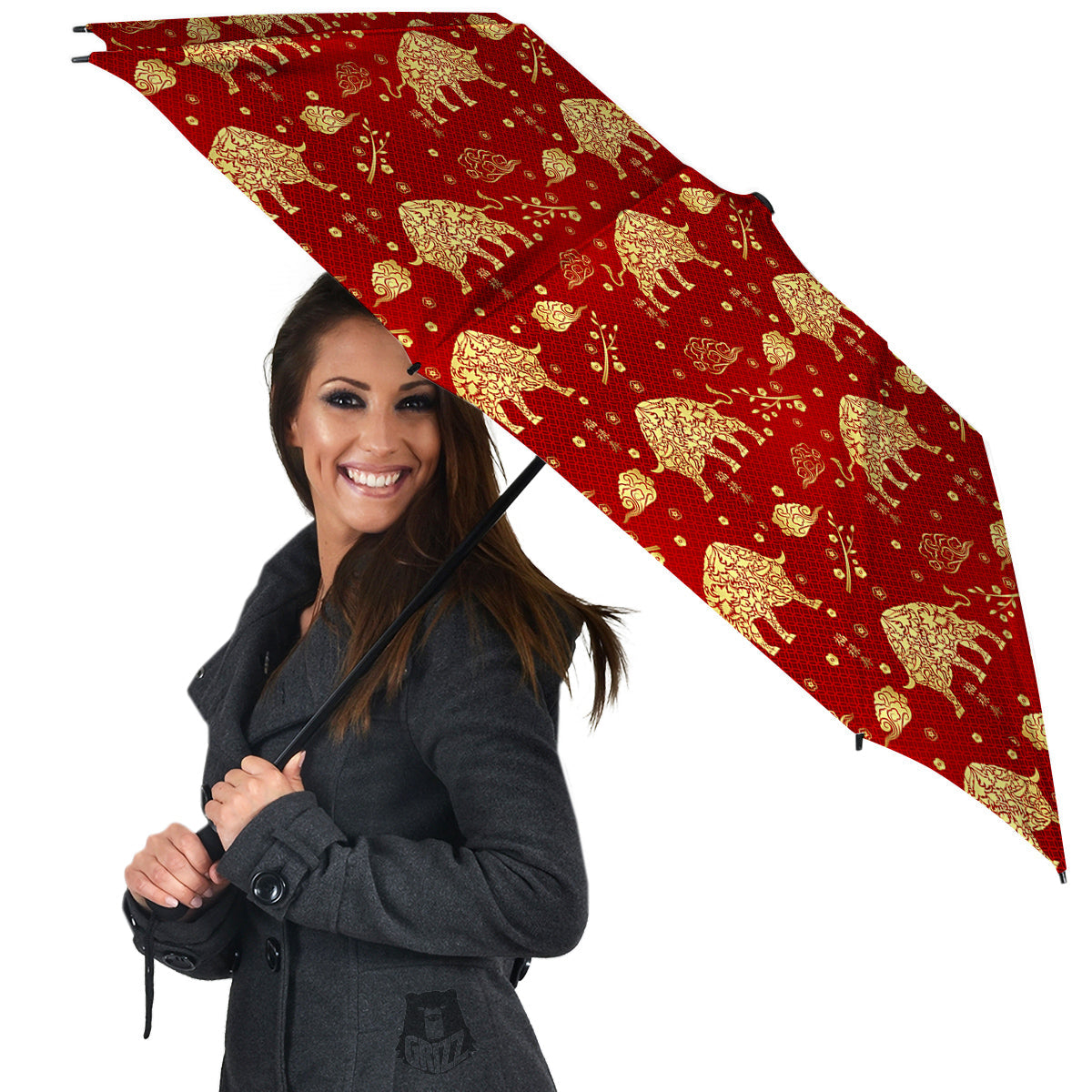 Ox Zodiac Chinese Flower Print Umbrella-grizzshop