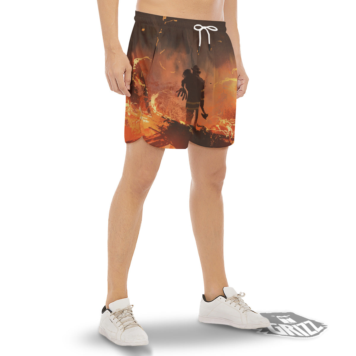 Painting Brave Firefighter Print Men's Gym Shorts-grizzshop