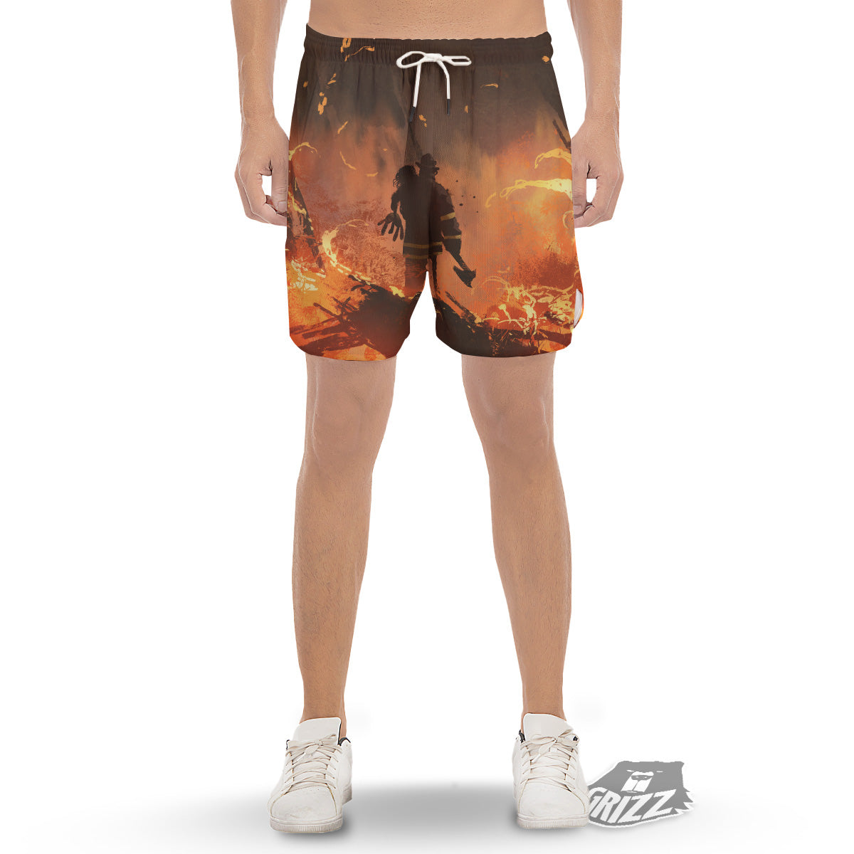 Painting Brave Firefighter Print Men's Gym Shorts-grizzshop