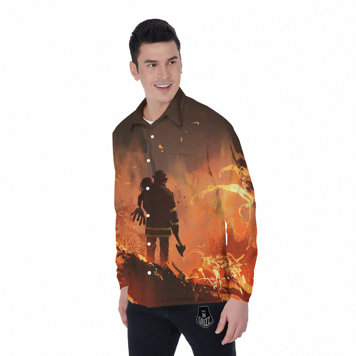 Painting Brave Firefighter Print Men's Long Sleeve Shirts-grizzshop