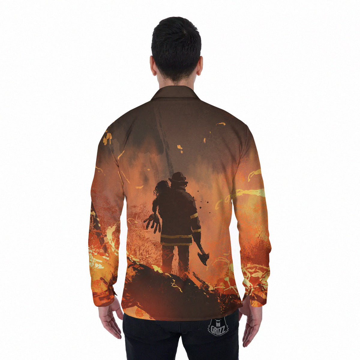 Painting Brave Firefighter Print Men's Long Sleeve Shirts-grizzshop