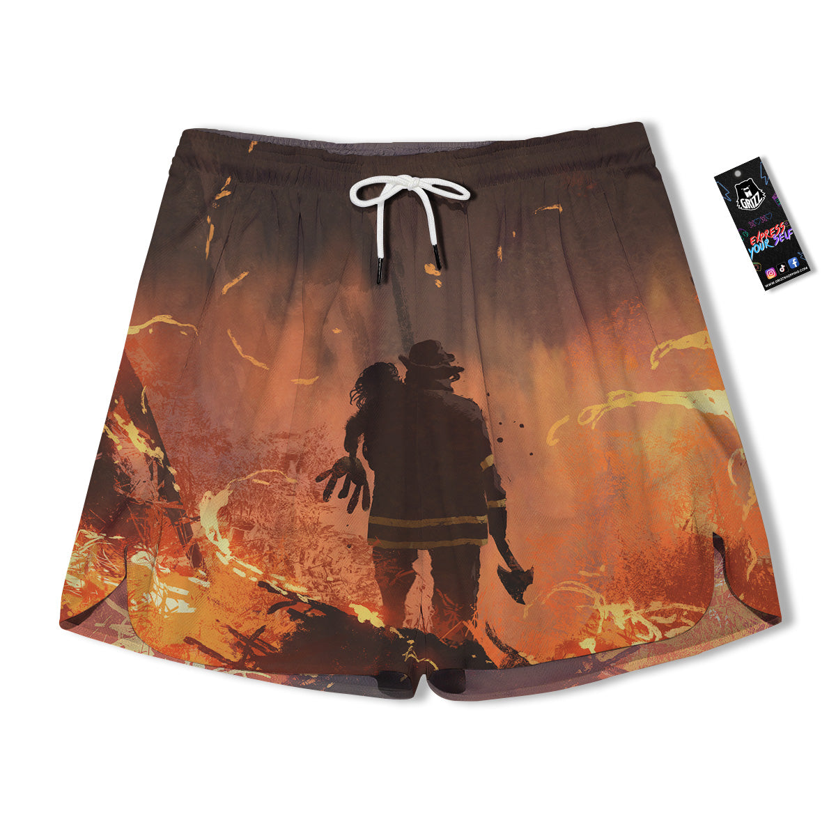 Painting Brave Firefighter Print Men's Running Shorts-grizzshop