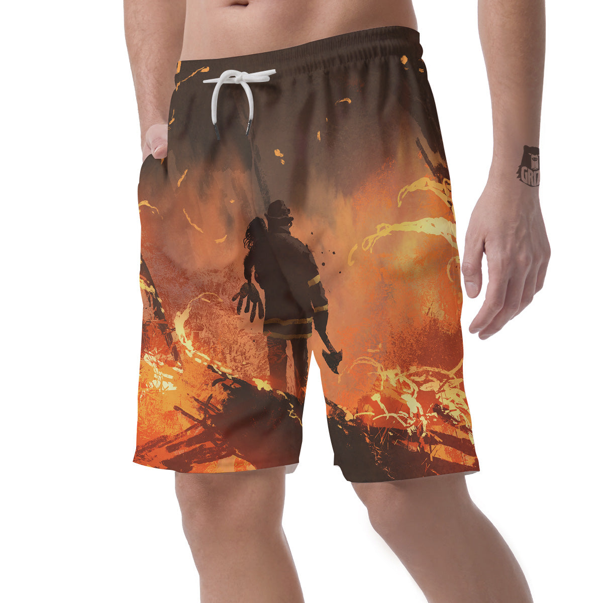 Painting Brave Firefighter Print Men's Shorts-grizzshop