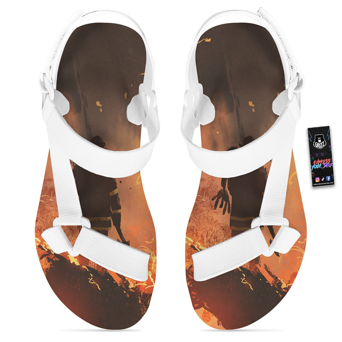 Painting Brave Firefighter Print White Open Toe Sandals-grizzshop