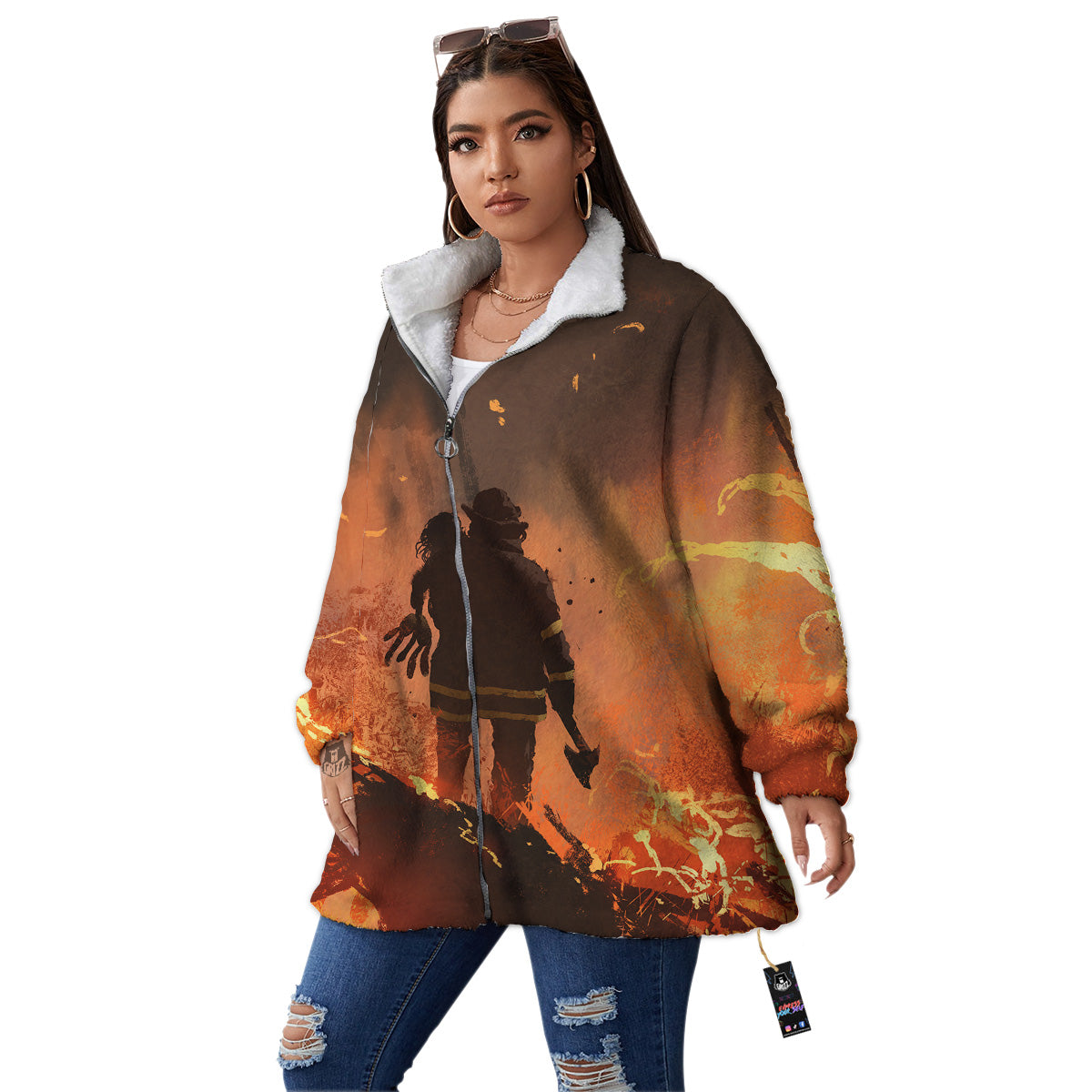 Painting Brave Firefighter Print Women's Sherpa Jacket-grizzshop