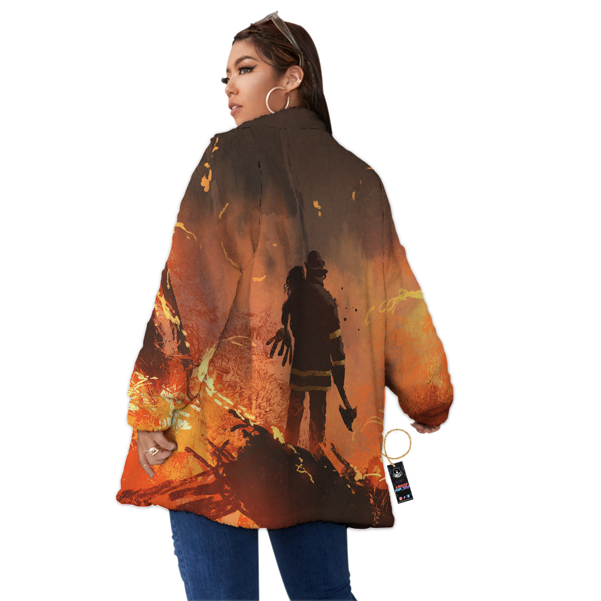 Painting Brave Firefighter Print Women's Sherpa Jacket-grizzshop