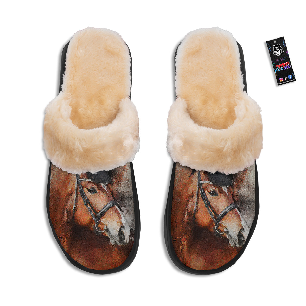 Painting Brown Horse Print Slippers-grizzshop