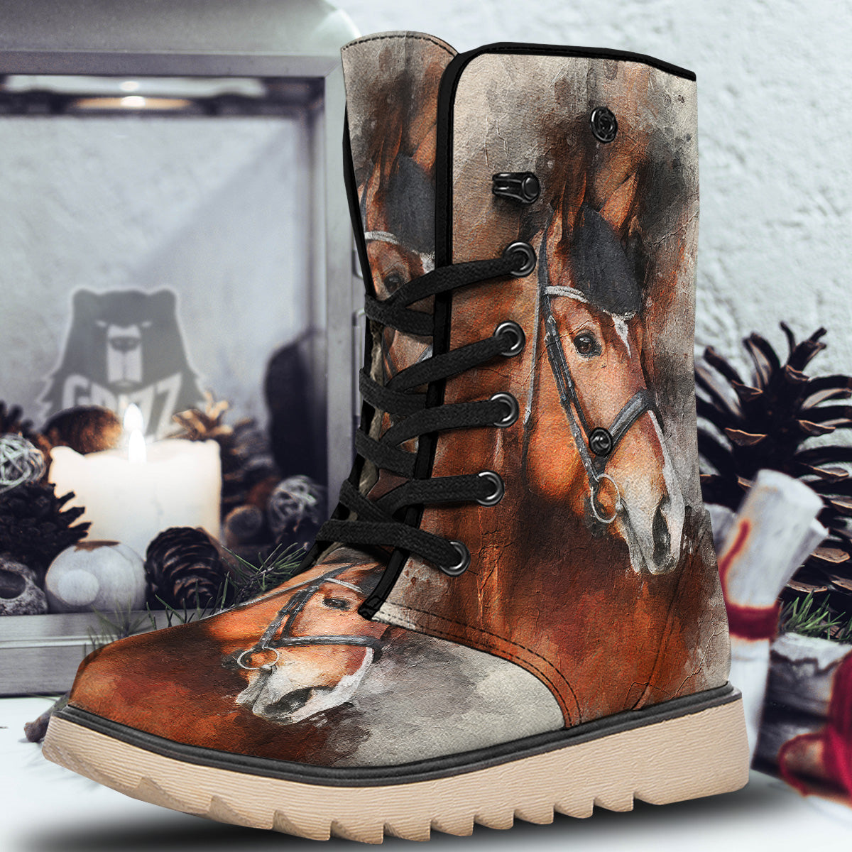 Painting Brown Horse Print Snow Boots-grizzshop