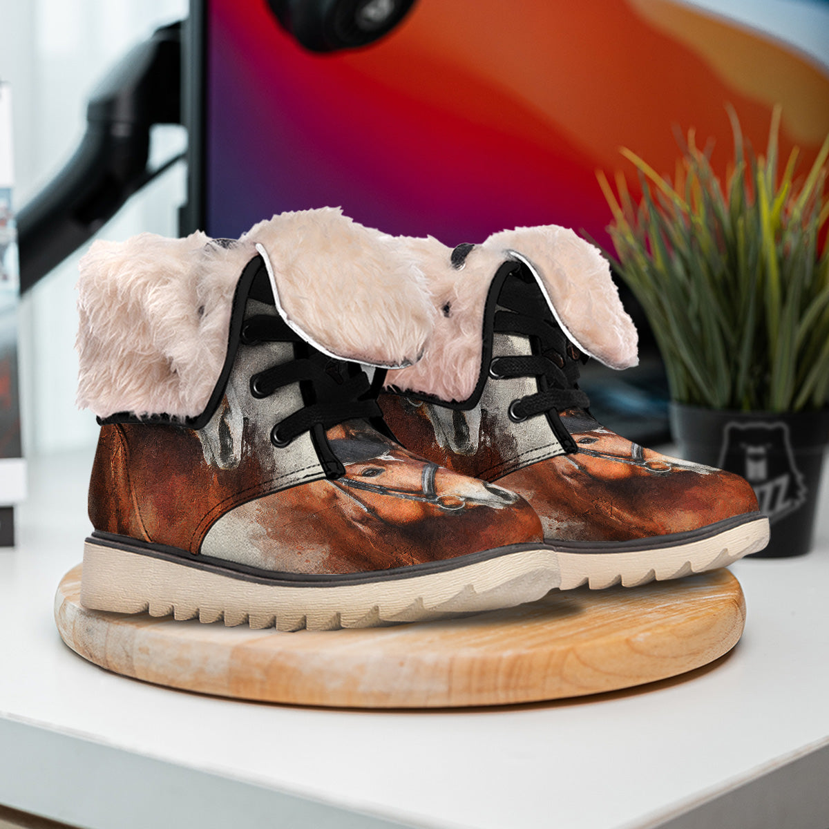 Painting Brown Horse Print Snow Boots-grizzshop