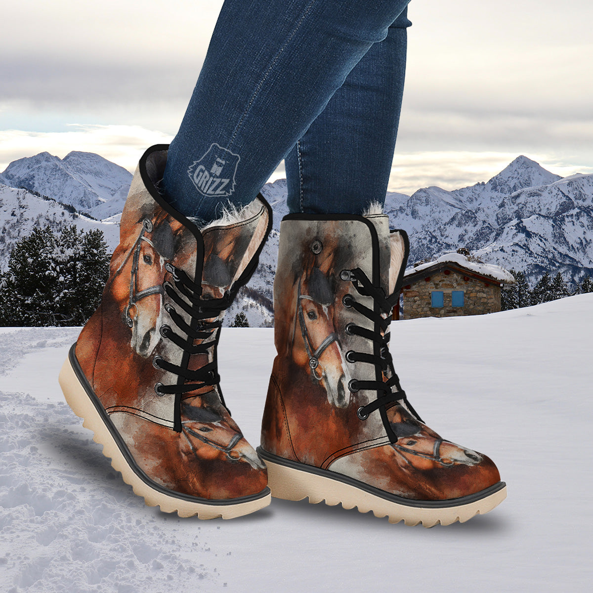 Painting Brown Horse Print Snow Boots-grizzshop