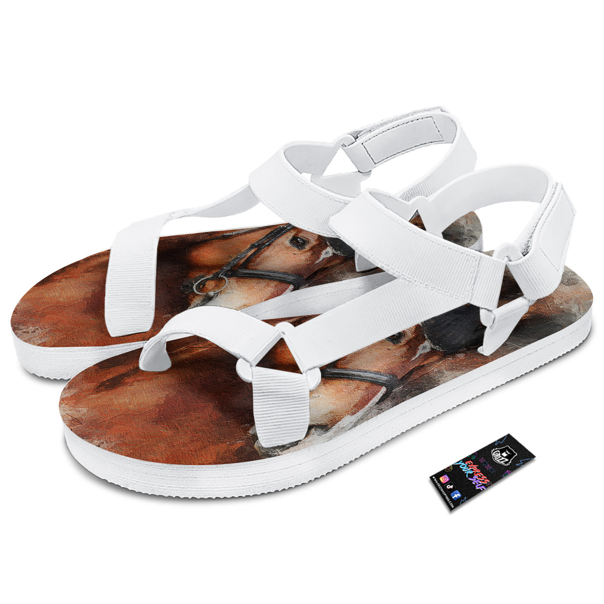 Painting Brown Horse Print White Open Toe Sandals-grizzshop